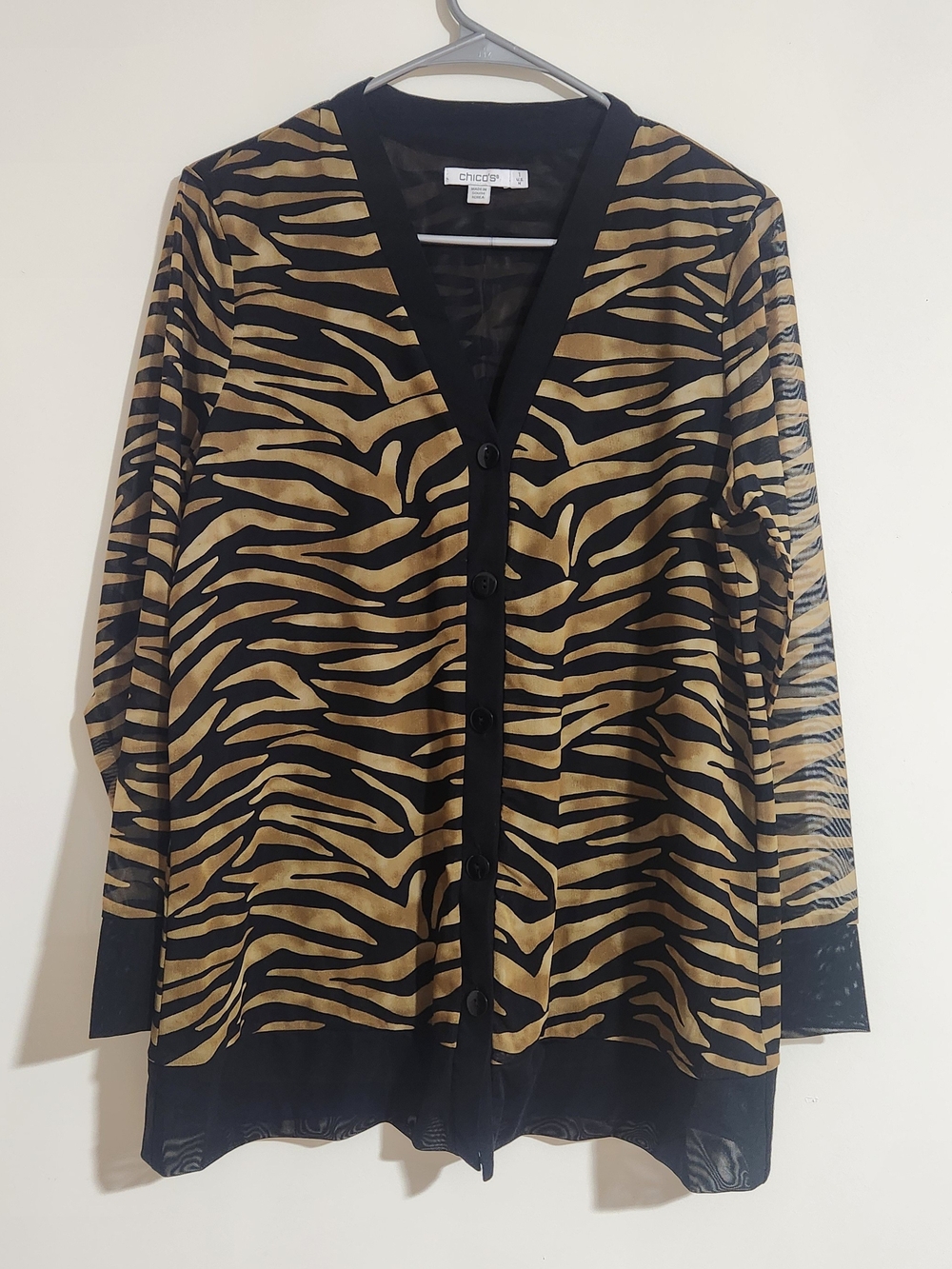 Chico's Black and Tan Zebra-Print Button Front Cardigan